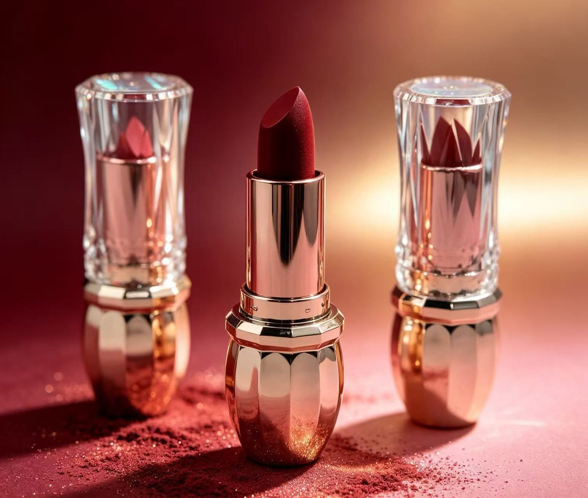 Lápiz Labial Rojo con Tapa Cristal y Base Oro Rosa（6PCS）HB5783