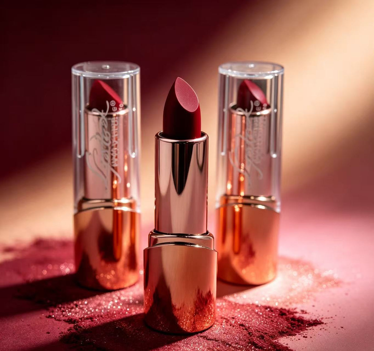 Lápiz Labial Rojo con Capa Transparente y Base Oro Rosa（6PCS）8188B