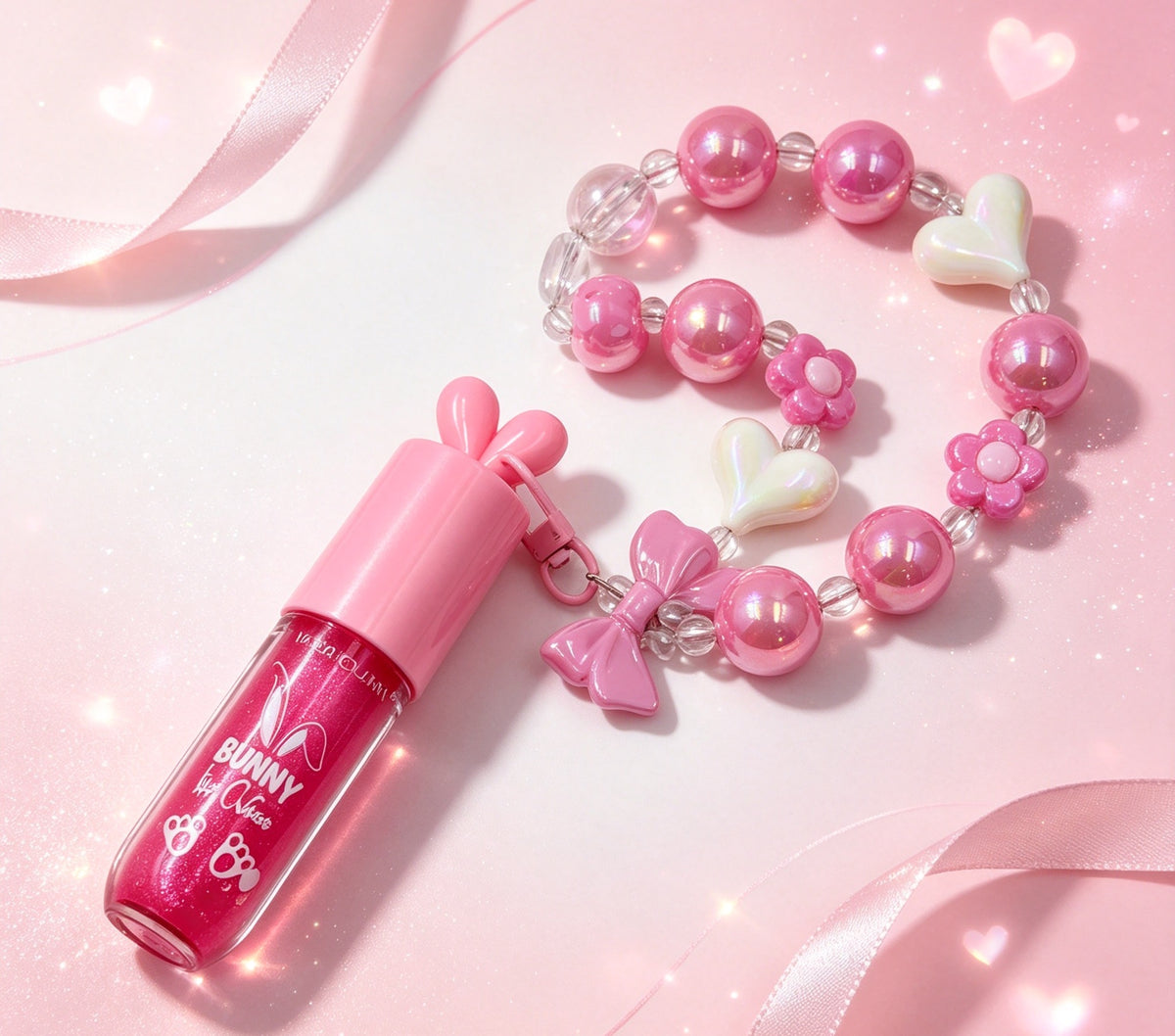 Brillo Labial con Cadena de Perlas y Orejas de Conejo（6PCS）Y3177