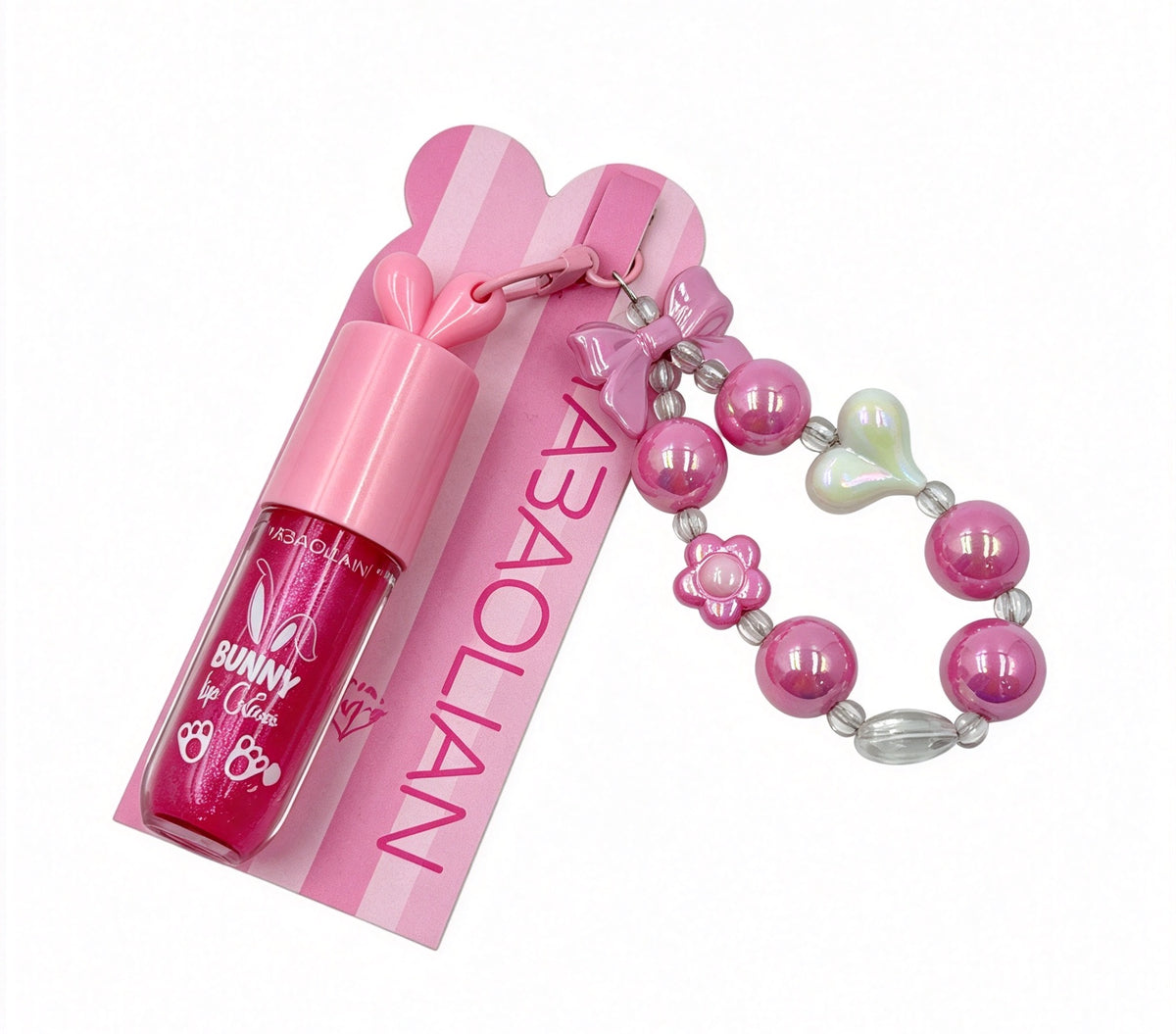 Brillo Labial con Cadena de Perlas y Orejas de Conejo（6PCS）Y3177